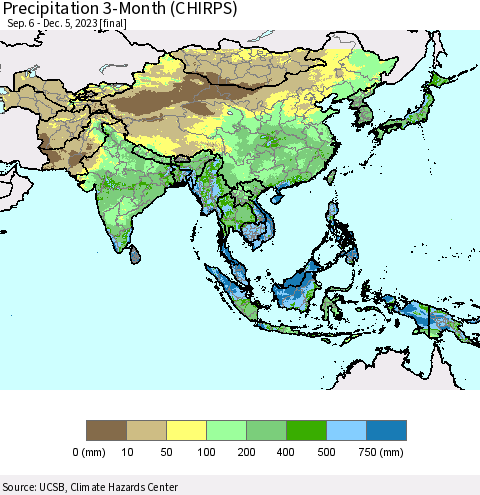 Asia Precipitation 3-Month (CHIRPS) Thematic Map For 9/6/2023 - 12/5/2023