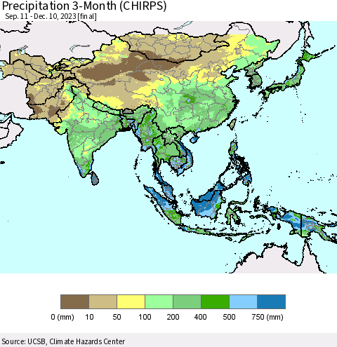 Asia Precipitation 3-Month (CHIRPS) Thematic Map For 9/11/2023 - 12/10/2023