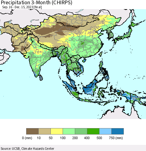 Asia Precipitation 3-Month (CHIRPS) Thematic Map For 9/16/2023 - 12/15/2023