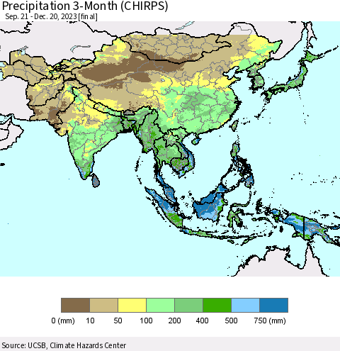 Asia Precipitation 3-Month (CHIRPS) Thematic Map For 9/21/2023 - 12/20/2023