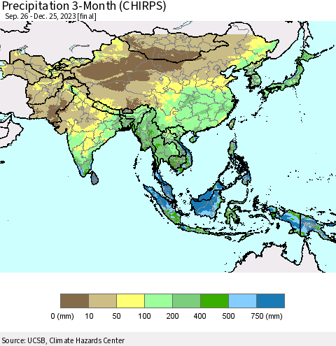 Asia Precipitation 3-Month (CHIRPS) Thematic Map For 9/26/2023 - 12/25/2023