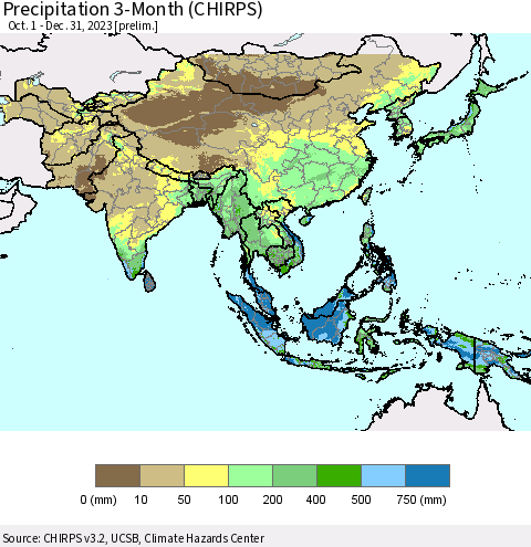 Asia Precipitation 3-Month (CHIRPS) Thematic Map For 10/1/2023 - 12/31/2023