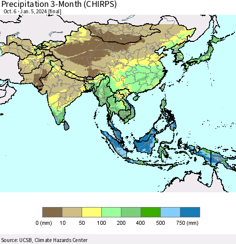 Asia Precipitation 3-Month (CHIRPS) Thematic Map For 10/6/2023 - 1/5/2024
