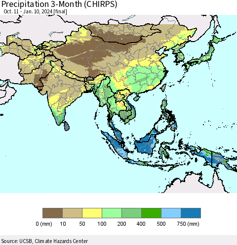 Asia Precipitation 3-Month (CHIRPS) Thematic Map For 10/11/2023 - 1/10/2024