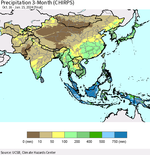 Asia Precipitation 3-Month (CHIRPS) Thematic Map For 10/16/2023 - 1/15/2024