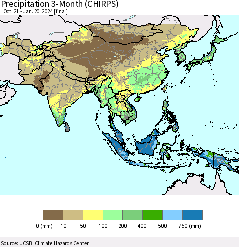 Asia Precipitation 3-Month (CHIRPS) Thematic Map For 10/21/2023 - 1/20/2024