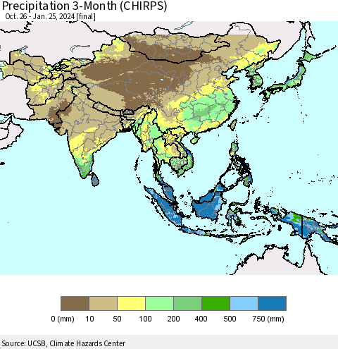 Asia Precipitation 3-Month (CHIRPS) Thematic Map For 10/26/2023 - 1/25/2024