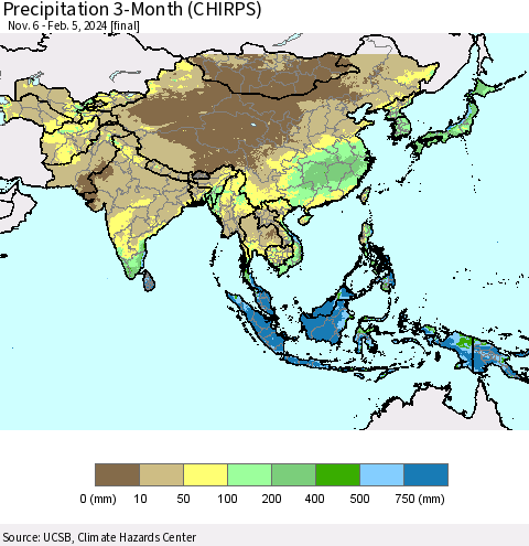Asia Precipitation 3-Month (CHIRPS) Thematic Map For 11/6/2023 - 2/5/2024