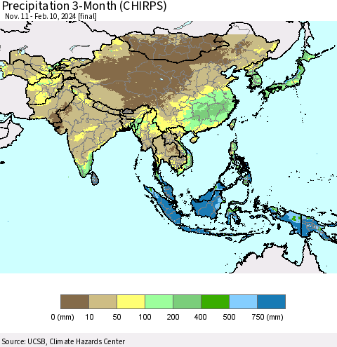 Asia Precipitation 3-Month (CHIRPS) Thematic Map For 11/11/2023 - 2/10/2024
