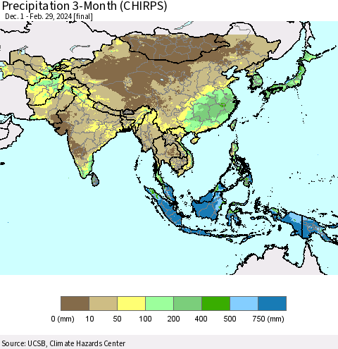 Asia Precipitation 3-Month (CHIRPS) Thematic Map For 12/1/2023 - 2/29/2024