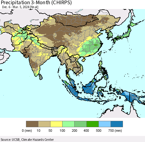 Asia Precipitation 3-Month (CHIRPS) Thematic Map For 12/6/2023 - 3/5/2024