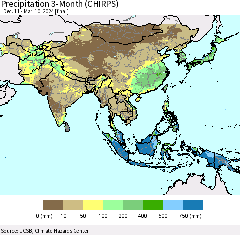 Asia Precipitation 3-Month (CHIRPS) Thematic Map For 12/11/2023 - 3/10/2024