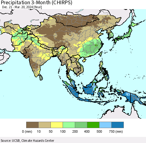 Asia Precipitation 3-Month (CHIRPS) Thematic Map For 12/21/2023 - 3/20/2024