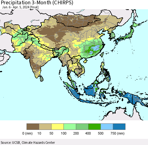 Asia Precipitation 3-Month (CHIRPS) Thematic Map For 1/6/2024 - 4/5/2024