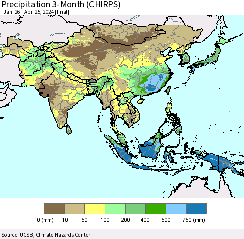 Asia Precipitation 3-Month (CHIRPS) Thematic Map For 1/26/2024 - 4/25/2024