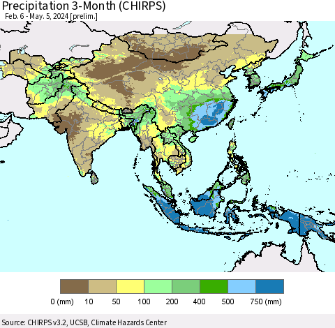 Asia Precipitation 3-Month (CHIRPS) Thematic Map For 2/6/2024 - 5/5/2024
