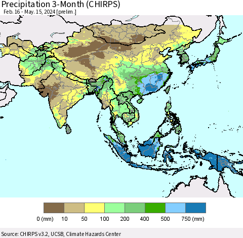Asia Precipitation 3-Month (CHIRPS) Thematic Map For 2/16/2024 - 5/15/2024