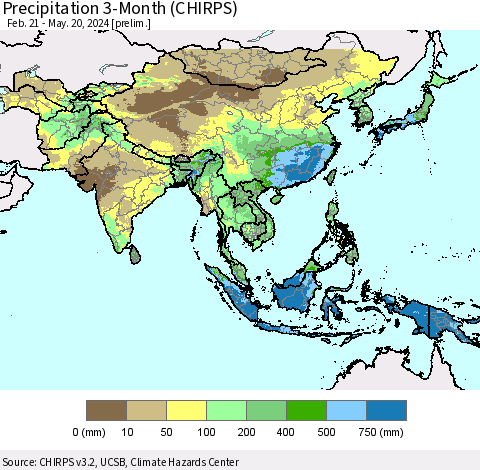 Asia Precipitation 3-Month (CHIRPS) Thematic Map For 2/21/2024 - 5/20/2024