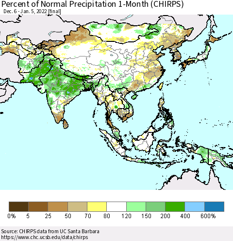 Asia Percent of Normal Precipitation 1-Month (CHIRPS) Thematic Map For 12/6/2021 - 1/5/2022