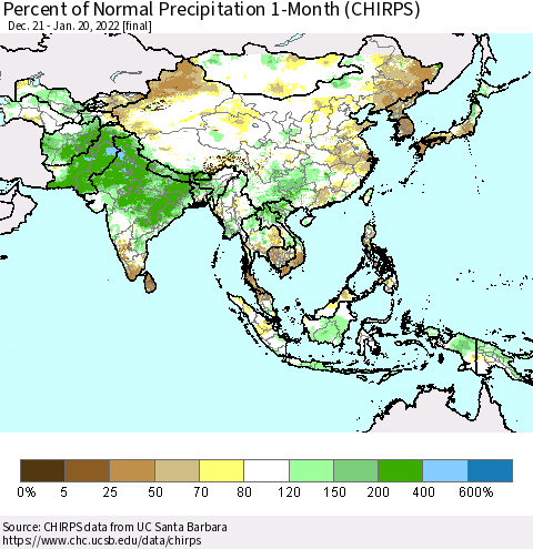 Asia Percent of Normal Precipitation 1-Month (CHIRPS) Thematic Map For 12/21/2021 - 1/20/2022