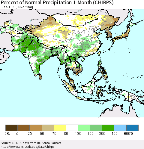Asia Percent of Normal Precipitation 1-Month (CHIRPS) Thematic Map For 1/1/2022 - 1/31/2022