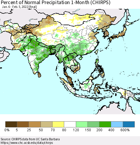 Asia Percent of Normal Precipitation 1-Month (CHIRPS) Thematic Map For 1/6/2022 - 2/5/2022