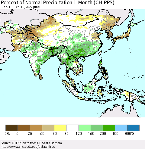 Asia Percent of Normal Precipitation 1-Month (CHIRPS) Thematic Map For 1/11/2022 - 2/10/2022