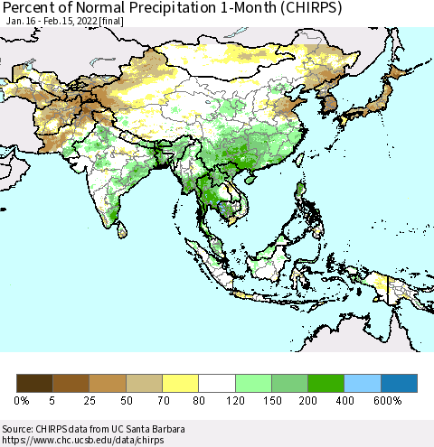 Asia Percent of Normal Precipitation 1-Month (CHIRPS) Thematic Map For 1/16/2022 - 2/15/2022