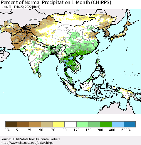 Asia Percent of Normal Precipitation 1-Month (CHIRPS) Thematic Map For 1/21/2022 - 2/20/2022