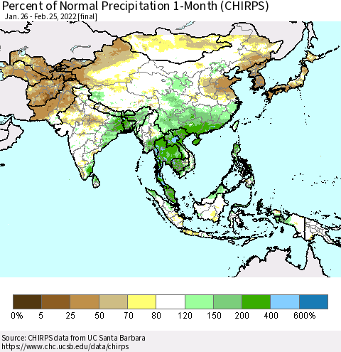 Asia Percent of Normal Precipitation 1-Month (CHIRPS) Thematic Map For 1/26/2022 - 2/25/2022