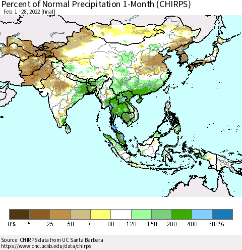 Asia Percent of Normal Precipitation 1-Month (CHIRPS) Thematic Map For 2/1/2022 - 2/28/2022