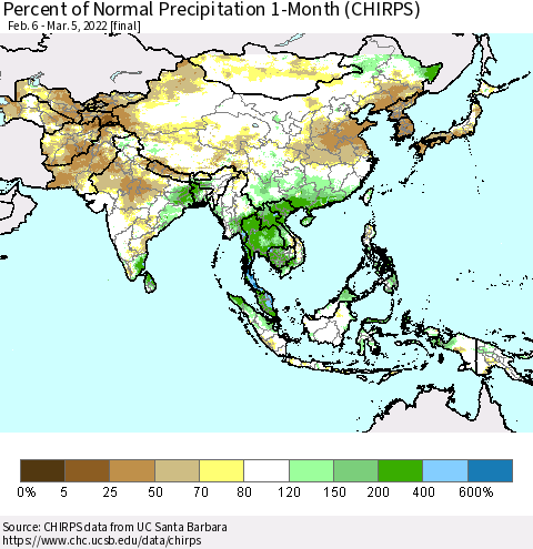 Asia Percent of Normal Precipitation 1-Month (CHIRPS) Thematic Map For 2/6/2022 - 3/5/2022