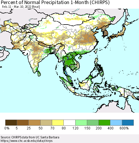 Asia Percent of Normal Precipitation 1-Month (CHIRPS) Thematic Map For 2/11/2022 - 3/10/2022
