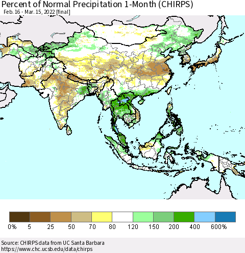 Asia Percent of Normal Precipitation 1-Month (CHIRPS) Thematic Map For 2/16/2022 - 3/15/2022