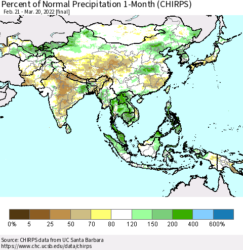 Asia Percent of Normal Precipitation 1-Month (CHIRPS) Thematic Map For 2/21/2022 - 3/20/2022