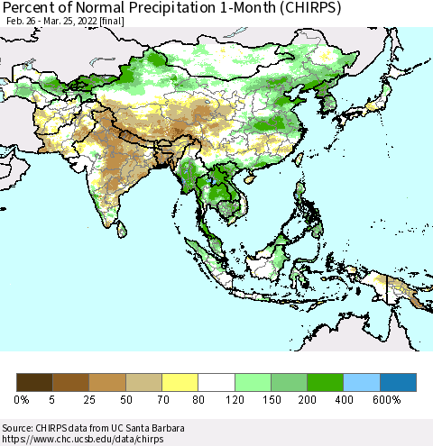 Asia Percent of Normal Precipitation 1-Month (CHIRPS) Thematic Map For 2/26/2022 - 3/25/2022