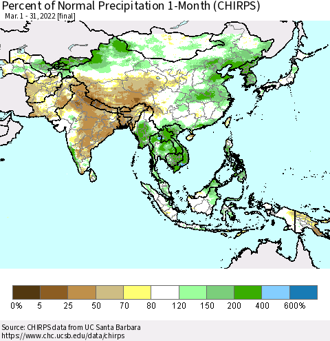 Asia Percent of Normal Precipitation 1-Month (CHIRPS) Thematic Map For 3/1/2022 - 3/31/2022