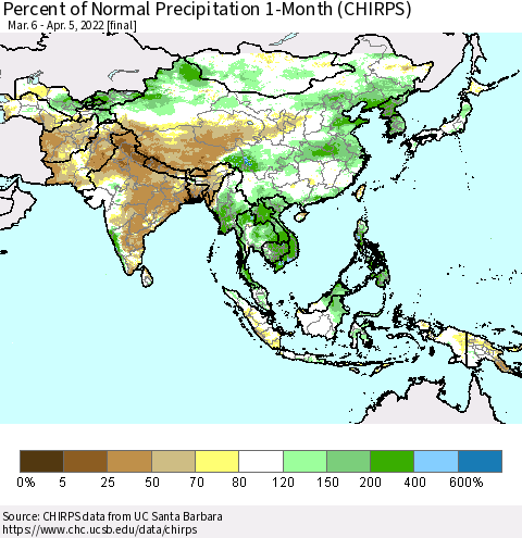 Asia Percent of Normal Precipitation 1-Month (CHIRPS) Thematic Map For 3/6/2022 - 4/5/2022