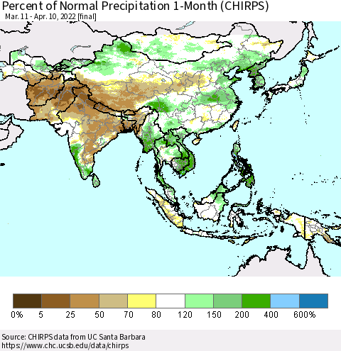 Asia Percent of Normal Precipitation 1-Month (CHIRPS) Thematic Map For 3/11/2022 - 4/10/2022