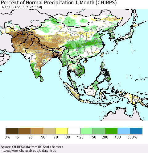 Asia Percent of Normal Precipitation 1-Month (CHIRPS) Thematic Map For 3/16/2022 - 4/15/2022