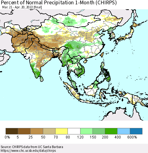 Asia Percent of Normal Precipitation 1-Month (CHIRPS) Thematic Map For 3/21/2022 - 4/20/2022