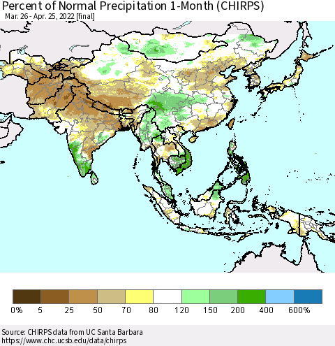 Asia Percent of Normal Precipitation 1-Month (CHIRPS) Thematic Map For 3/26/2022 - 4/25/2022