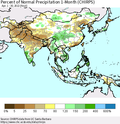 Asia Percent of Normal Precipitation 1-Month (CHIRPS) Thematic Map For 4/1/2022 - 4/30/2022