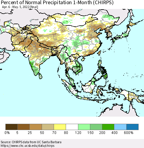Asia Percent of Normal Precipitation 1-Month (CHIRPS) Thematic Map For 4/6/2022 - 5/5/2022