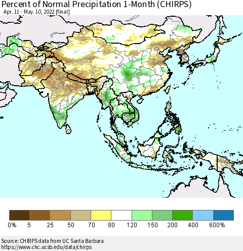 Asia Percent of Normal Precipitation 1-Month (CHIRPS) Thematic Map For 4/11/2022 - 5/10/2022