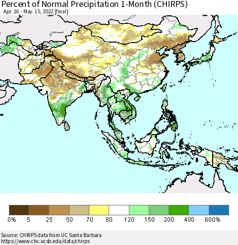 Asia Percent of Normal Precipitation 1-Month (CHIRPS) Thematic Map For 4/16/2022 - 5/15/2022