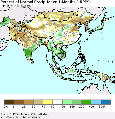 Asia Percent of Normal Precipitation 1-Month (CHIRPS) Thematic Map For 4/21/2022 - 5/20/2022