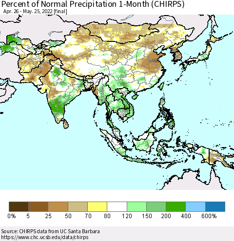 Asia Percent of Normal Precipitation 1-Month (CHIRPS) Thematic Map For 4/26/2022 - 5/25/2022