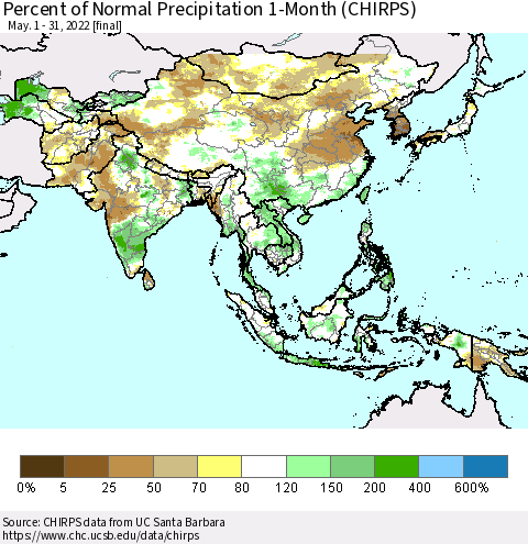 Asia Percent of Normal Precipitation 1-Month (CHIRPS) Thematic Map For 5/1/2022 - 5/31/2022