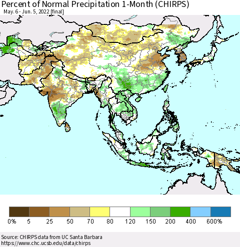 Asia Percent of Normal Precipitation 1-Month (CHIRPS) Thematic Map For 5/6/2022 - 6/5/2022